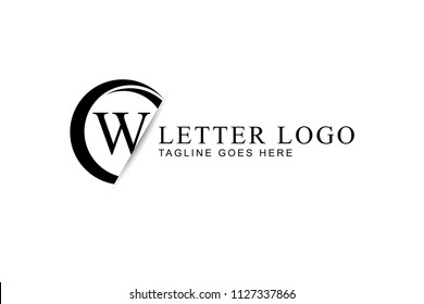 W letter logo design with circle and paper cut in black color.