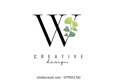 W Letter logo design with cut circle and green leaves. Vector Illustration with Botanical elements. Nature template with W letter for personal branding, corporate, business, eco friendly products.