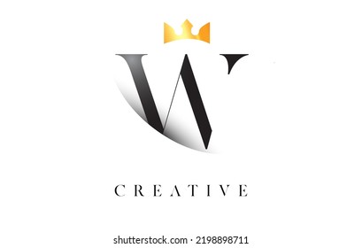 W Letter Logo Design with Golden Luxury Royal Crown Icon and Shadow Letter Vector. Serif Font w Logo Elegant Minimalist Design.