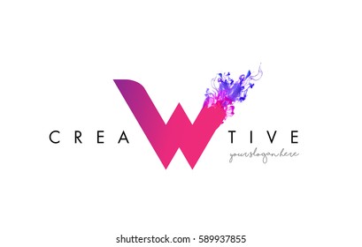 W Letter Logo Design with Ink Cloud Flowing Texture and Purple Colors.
