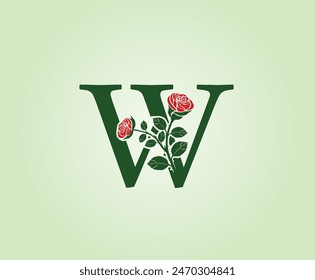 W Letter logo design with red rose flower and leaves on a green background. Initial Letter W Vector Illustration combined with Botanical elements.