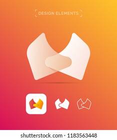 W letter logo design template. Origami paper material design, flat and line art style. App icon