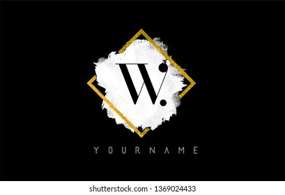 W Letter Logo Design with White ink Stroke over Golden Square Frame.