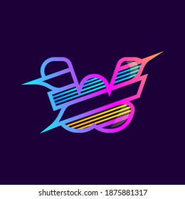 W letter logo with diagonal multicolor lines. This font is perfect for an audio technology, advertising of a tech company, DJs posters, speed music identity, etc.