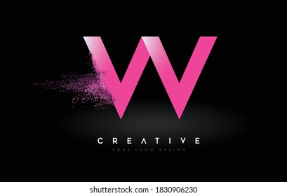 W Letter Logo with Dispersion Effect and Purple Pink Powder Particles Expanding Ash Vector Illustration.