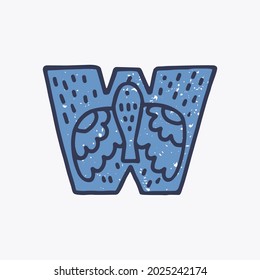 W-Brief-Logo mit einem Adler im nordischen Volkskunst-Stil im Hintergrund. Skandinavische Schrift für Weihnachtskarten, Retro-Plakate, historische Banner, süße Dekodrucke auf T-Shirts.