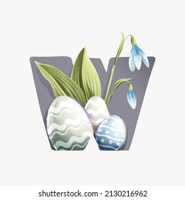 W letter logo with Easter eggs in classic design, lily of the valley leaves, and snowdrop flowers. Perfect for your greeting cards, and posters design.
