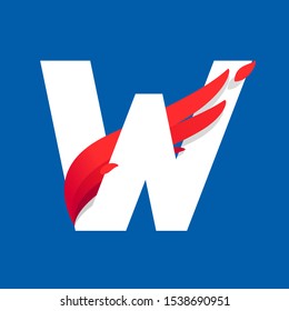 W letter logo with fast speed red bird wing. Typeface, vector design template elements for sport team, shipping, travel etc.