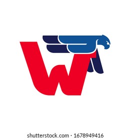 W letter logo with flying eagle. Vector oblique font perfect for sport labels, army posters and fast delivery identity, etc.