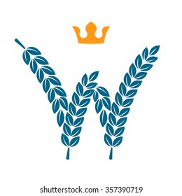 W letter logo formed by laurel wreath with crown. Vector design template elements for your application or corporate identity.