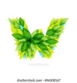 W letter logo formed by watercolor fresh green leaves. Brush stroke pattern. Vector ecology elements for posters, t-shirts and cards.
