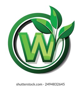 W Letter Logo and  Green Leaf Plant Nature Farm Business Company Vector Logo Design