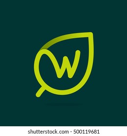 W letter logo in green leaf. Line style icon. Vector ecology elements for posters, t-shirts and cards.