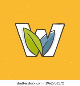 W letter logo hand drawn with a felt-tip pen in soft colors. Line style vector illustration with green leaves for your upcoming eco-friendly and zero waste projects. 