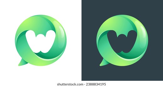 W letter logo inside speech bubble with swirl pattern. Negative space style icon. Colorful gradient emblem for your social media app, call center, online message, feedback icon, telemarketing screen.