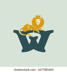 W letter logo with lying lion. Vector serif font perfect for premium labels, vintage posters and real estate identity, etc.