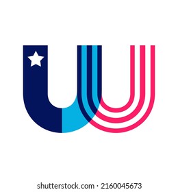 W letter logo made of American Stars and Stripes flag. Vector font for US history and 4th of July celebration in flat style. Perfect for Independence Day cards, invitations, banners.
