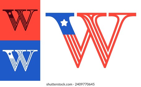 W letter logo made of American flag. Serif font with Star and Stripes. Classic icon for US history and 4th of July celebration. Perfect for sport team uniform and apparel, Independence Day invitations