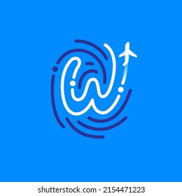 W letter logo made of fingerprint with plane and airplane trail. Blue and white line icon. Vector typeface for travel labels, tourism headlines, journey posters, aviation cards etc.