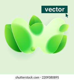 W letter logo made of green leaves under mate glass. Realistic Glassmorphism style. Vector blurry translucent icon. Eco transparent emblem for agriculture advertising, waste recycling, healthy food.