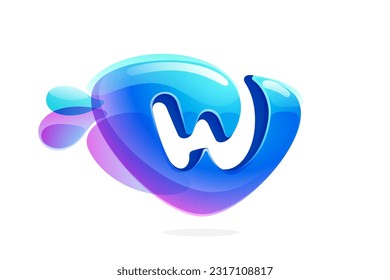 W letter logo made of spring water and dew drops. Environment friendly initial. Pure eco emblem in overlapping watercolor style. 3D realistic icon in round triangle arrow shape. Vector play button.