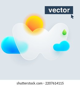 W letter logo made of sun, clouds, and green drop under mate glass. Realistic 3d glass morphism style emblem. Vector blurry translucent design. Website or mobile app UI icon for weather forecast.