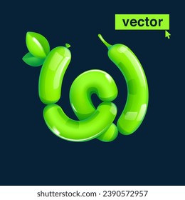 W letter logo made of twisted balloons. Eco-friendly realistic 3D render with green leaves. Vector elements in cartoon style. Perfect for nature banner, healthy food labels, garden art, and grass adv.