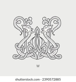 W letter logo. Medieval drop caps monogram. Initials made of spiral Celtic beasts, snake, dragon. Gothic illuminated calligraphy. Middle Ages heraldic ornate capitals. Germanic font for pagan tattoos.