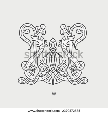 W letter logo. Medieval drop caps monogram. Initials made of spiral Celtic beasts, snake, dragon. Gothic illuminated calligraphy. Middle Ages heraldic ornate capitals. Germanic font for pagan tattoos.