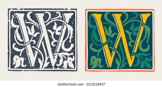 W letter logo in medieval gothic style. Set of dim colored and monochrome grunge style emblems. Engraved initial drop cap. Perfect for vintage premium identity, Middle Ages posters, luxury packaging.