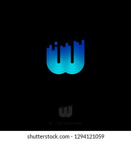 W letter logo. W monogram. The original logo consists of rounded stripes with a gradient. Bright backlight. 3D illusion.