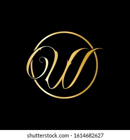 W letter logo with nice black background and gold script font.W letter icon.