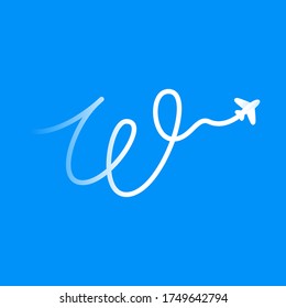 W letter logo with plane and airline. Vector typeface for travel labels, tourism headlines, journey posters, aviation cards etc.