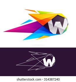 W letter logo with polygonal comet. 