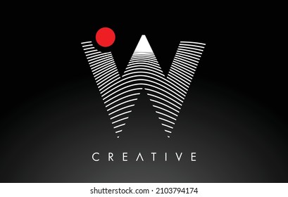 W Letter Logo with Red Dot Circle and Warp Lines Design Vector. Creative W Icon Letter made of white Warped Lines 