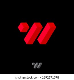 W letter logo. Red W monogram consist of volume elements. 3D illusion. Web icon.