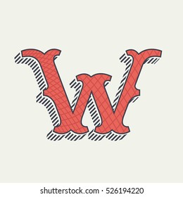 W letter logo. Retro western alphabet with line texture. Slab serif font. Vector vintage typography for your posters, sportswear, club t-shirt, banner, etc.