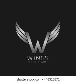 W letter logo. Silver wings symbol. Silver W letter logo template for air company