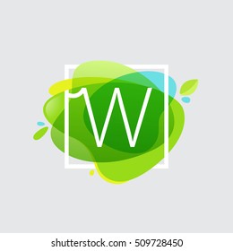 W letter logo in square frame at green watercolor splash background. Green art. Vector ecology typography for your posters, invitations, cards. 