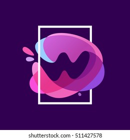 W letter logo in square frame at multicolor splash background. Vector typography for your posters, invitations, cards. 