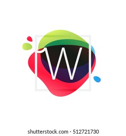W letter logo in square frame at multicolor splash background. Vector watercolor elements for posters, t-shirts and cards.