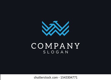 w letter logo and there is an element of a bird's head.the color is blue with lines element intersection each other. very modern and suitable for serious companies, editable and easy to custom