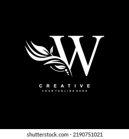 W letter logo vector design with leaf decoration. monogram W, typography. feather logo. luxury W. W thrives. suitable for logo of business, company, product, boutique, wedding, hotel, etc