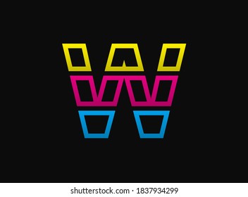 W letter logo, vector desing font .Dynamic cmyk split blue, pink, yellow color on black background. For social media,design elements, creative poster, web template etc.