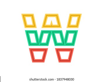 W letter logo, vector outline stroke font. Slice, cut design with red, green, yellow colors. For design element, creative poster, brand label, web template and more 