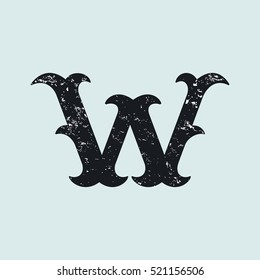 W letter logo. Vintage decorative slab serif with rough grunge texture. Vector font for western, sport or historical labels, posters etc.