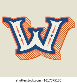 W letter logo in vintage western style with striped shadow. Vector font for barber shop labels, sport posters, jewelry cards etc.