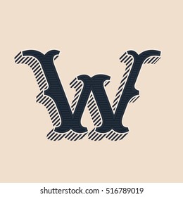 W letter logo in vintage western style with lines shadow. Vector font for labels, posters etc. 