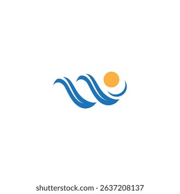 W letter logo wave with sun in blue flat design
