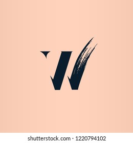 W letter logo.Clean typographic icon with brush stroke detail like mascara mark.Initial lettering suitable for beauty and style industry, isolated on peach color background.